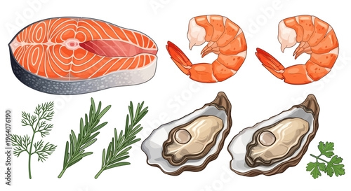 Fresh Seafood and Herbs A Delicious Combination of Salmon, Shrimp, Oysters, and Culinary Greens