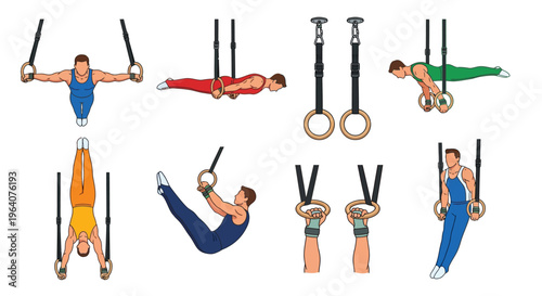 Gymnastics ring routines illustrated various positions and athletic movements