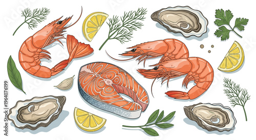 Assortment of fresh seafood plump shrimp, salmon fillet, and delicious oysters. Garnished with lemon and herbs, ideal for healthy gourmet cooking
