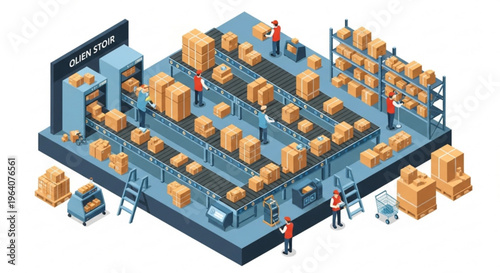 Isometric warehouse workers sorting packages on conveyor belt in online store distribution center