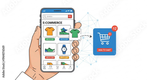 Hand holding smartphone with e commerce app and shopping cart icon on screen online shopping concept