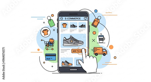 E commerce shopping on a smartphone with various products and icons