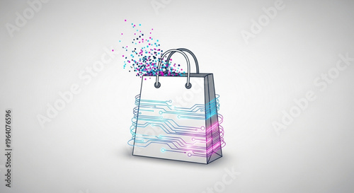 Colorful shopping bag with vibrant pink blue and purple lines and particles on white background symbolizing modern retail and e commerce
