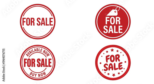 Four red circular stickers displaying for sale and available now messaging