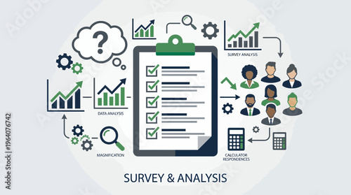 Business survey and analysis infographic with clipboard checklist, charts and diverse manager group icons, concept for market research, corporate strategy and customer feedback management