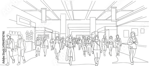 city crowd illustration, people walking in station