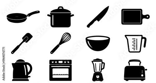 A collection of black silhouette icons representing various kitchen utensils and cooking appliances on a white background, arranged in a grid.