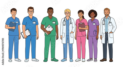 A diverse group of healthcare professionals standing in a row