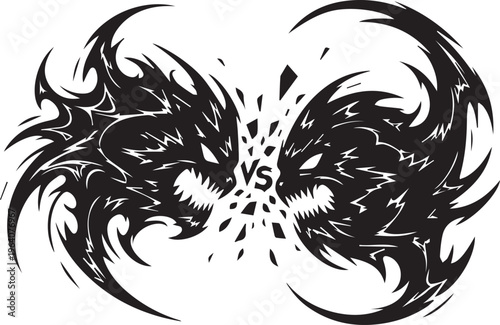 Two monster heads clashing with vs text between them vector silhouette illustration