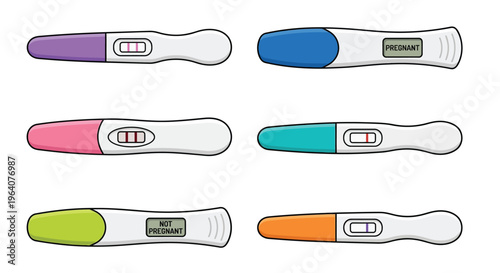 Four pregnancy tests showing positive and negative results in various colors