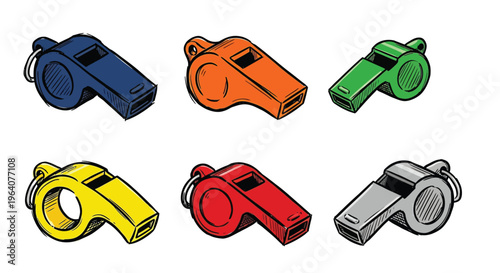 Colorful collection of illustrated sports whistles with lanyards displayed together