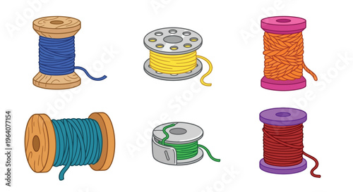 Colorful spools of thread and bobbins arranged in a playful composition