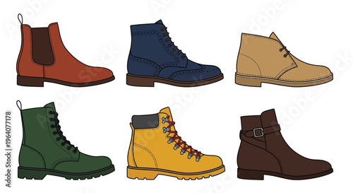 Illustration of six different styles of leather boots in various colors