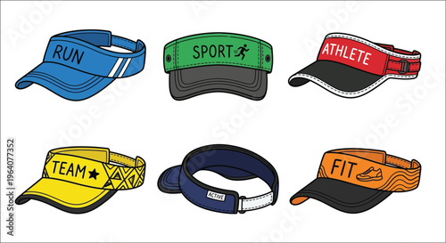 Collection of colorful sports visors with different text and designs