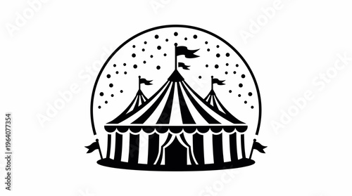 Black and white circus tent vector illustration with flags and confetti in a circular frame, concept for event logo design, carnival invitation and festival branding