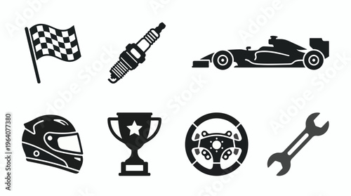 black silhouettes of racing icons set including checkered flag spark plug car helmet trophy and steering wheel, concept for automotive branding, professional sports and racing competition