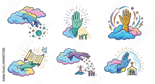 Divine intervention and spiritual concepts illustrated with colorful hand imagery