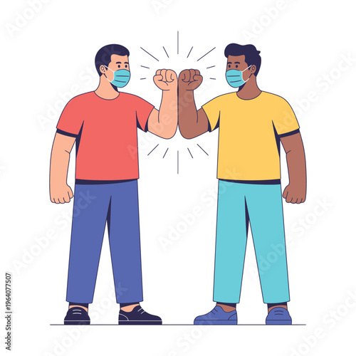 Two men wearing face masks and bumping fists in solidarity