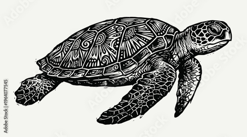 Intricate woodcut style illustration of a sea turtle with decorative tribal patterns on its shell, concept for marine conservation awareness, eco-friendly logo design and artistic prints
