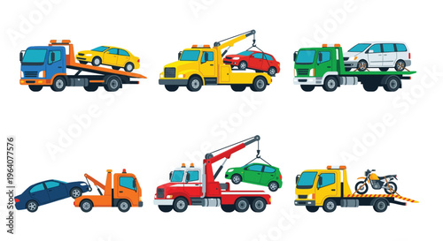 Cartoon illustration of various tow trucks transporting different vehicles