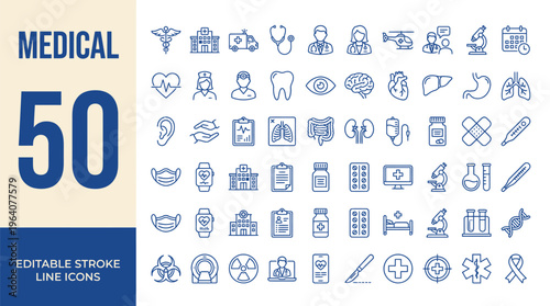 Medical icon set. Containing healthcare, doctor, hospital, ambulance, clinic, pharmacy, medicine, nurse, pills, treatment, surgery and more. Editable line icons. Vector illustration.