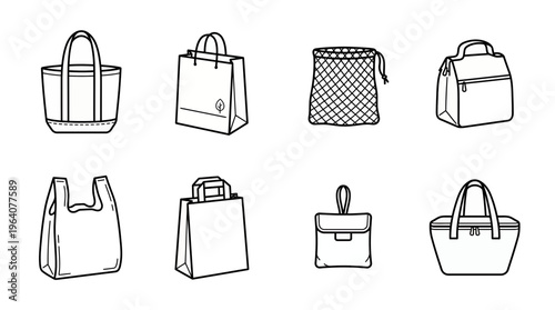 Collection of various reusable shopping bags and ecological containers in hand drawn line art style on white background, concept for retail branding, sustainable marketing and lifestyle promotion