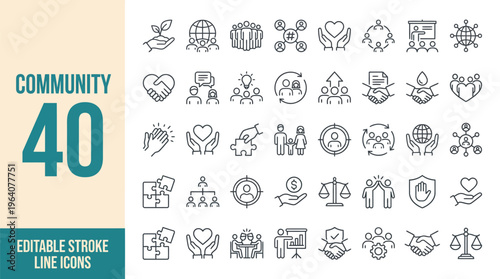 Community icon set. Containing friendship, relationship, social, diversity, people, family, love, networking, trust, neighborhood, belonging and more. Editable line icons. Vector illustration.