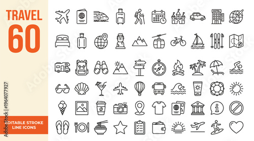 Travel icon set. Holiday related line icons: tourism, Summer vacation, airplane, trip, beach, passport, luggage, camping, hotel and more. Editable stroke. Vector illustration.