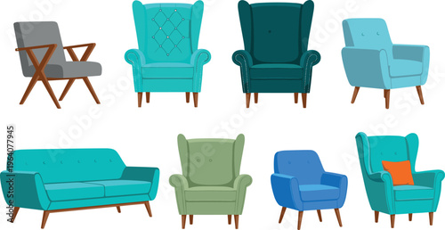 Modern armchairs and sofas collection with stylish furniture seating set living room interior design flat vector illustration