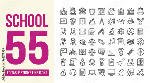 School icon set. Containing education, learning, teacher, book, E-learning, graduation, school subjects, classroom, students and more. Editable line icons. Vector illustration.