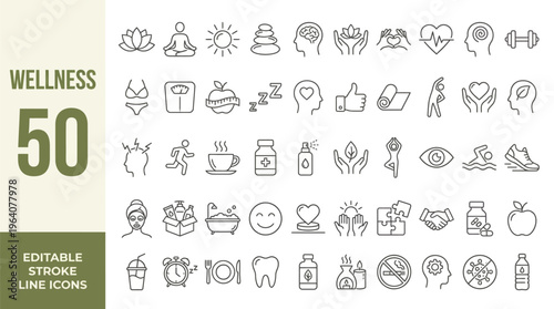 Wellness Line Editable Icons set. Vector illustration in thin line modern style of health related icons: mental health, healthcare, spa, medical, wellbeing, yoga, meditation, lifestyle, and more.
