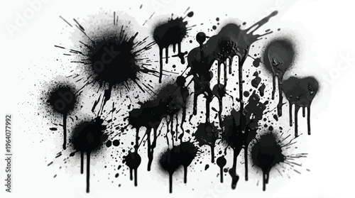 Abstract black ink splatter with dripping liquid effects and spray paint details on a white background, concept for street art backdrop, grunge graphic design and creative artistic texture
