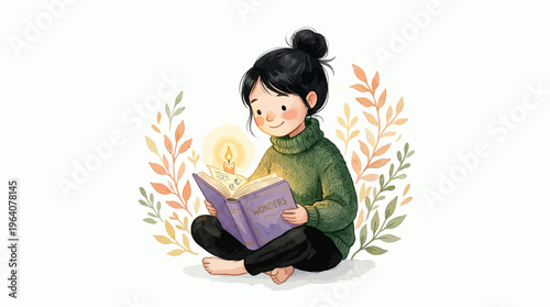 Cute young girl wearing green sweater sitting and reading glowing magic book with botanical leaves on white background, concept for young author career, student literacy and creative editor work