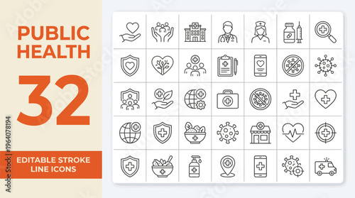 Public health icon set. Containing healthcare, doctor, hospital, medical services, vaccine, hygiene, healthy lifestyle, health awareness and more. Editable line icons. Vector illustration.