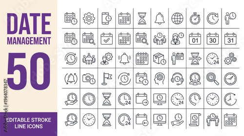 Date Management icon set. Containing schedule, calendar, planning, time, hourglass, stopwatch, alarm, clock and more. Editable line icons. Vector illustration.