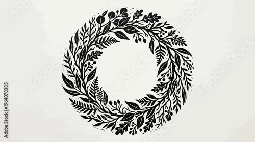 Black linocut botanical wreath with detailed leaves ferns and berries on textured background, concept for vintage wedding invitation, organic product branding and seasonal holiday greeting