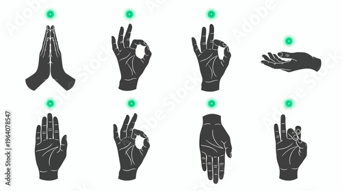 Set of dark hand silhouettes performing sacred yoga mudras with glowing green energy circles on white background, concept for spiritual meditation, holistic wellness and mindfulness training