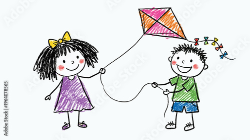 Hand drawn illustration of a happy boy and girl flying a colorful kite together on a clean white background, concept for childhood play, summer outdoor activities and creative education materials