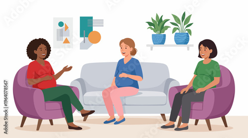 Diverse pregnant entrepreneurs sitting on a sofa sharing experiences in a modern lounge, concept for prenatal healthcare education, expectant mother networking and pregnancy support community