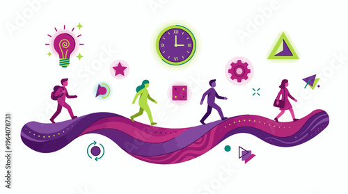 Diverse group of young entrepreneurs and project managers walking on wavy colorful path with business icons, concept for project management, strategic workflow and creative career growth