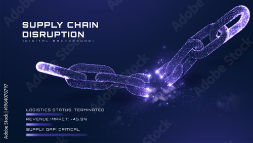 Abstract technology background showing digital supply chain disruption. Futuristic cyber war risk and industry trade loss presentation. Vector illustration.