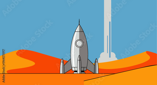 space rocket on a red planet surface with a distant rocket launch symbolizing future technology and space exploration.