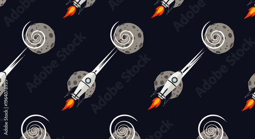 space travel rocket launch moon illustration seamless pattern in outer space a graphic journey of exploration for science fiction design.