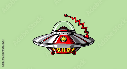 a vibrant retro cartoon ufo illustration of a classic flying saucer with an antenna ideal for sci-fi and alien themes.