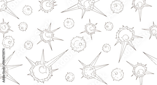 abstract pattern of microscopic spiky particles and cells on a clean white background perfect for scientific and medical concepts.