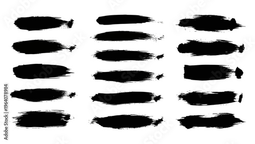 black brush strokes paint textures ink splatters versatile grunge artistic graphic elements on white.