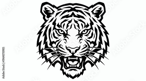 Angry tiger head illustration with sharp black lines and roaring expression isolated on white background, concept for sports mascot branding, athletic apparel design and creative team logo