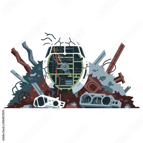 spaceship wreckage and electronic waste form a pile of scrap metal in a junkyard illustrating broken technology and industrial decay.