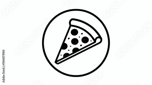 Professional minimalist black and white pizza slice icon with pepperoni inside a circle isolated on white background, concept for restaurant branding, food delivery app and digital menu design