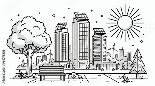 Sustainable city line art with solar panel skyscrapers and urban planners in public park, concept for green energy urban planning, environmental conservation and renewable future